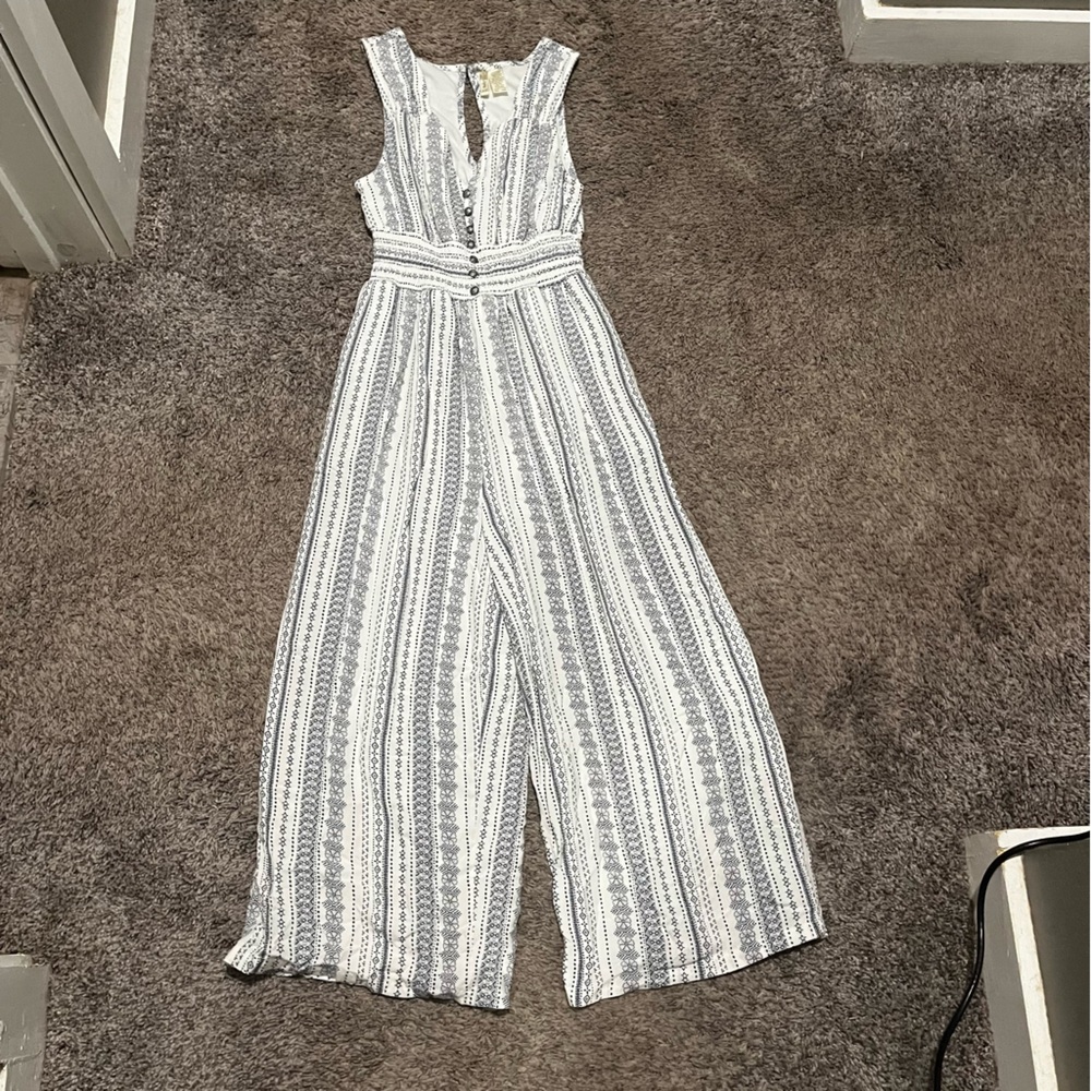 White and Blue Patterned Jumpsuit
